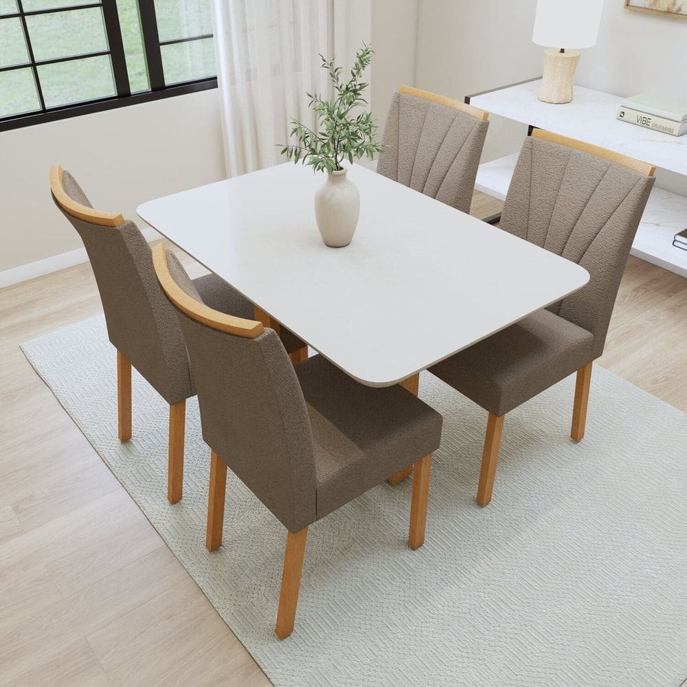 Conjunto Sala Jantar Mesa Bold 120cm Tampo Mdf 4 Cadeiras Pés Madeira Maciça Jade Amêndoa Clean/ Off White/Animale Bege