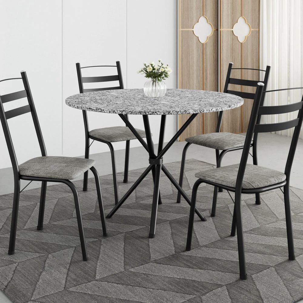 Conjunto de Mesa Redonda 80cm X 77cm com 4 Cadeiras Leia Preto/Grafiato/Ocre
