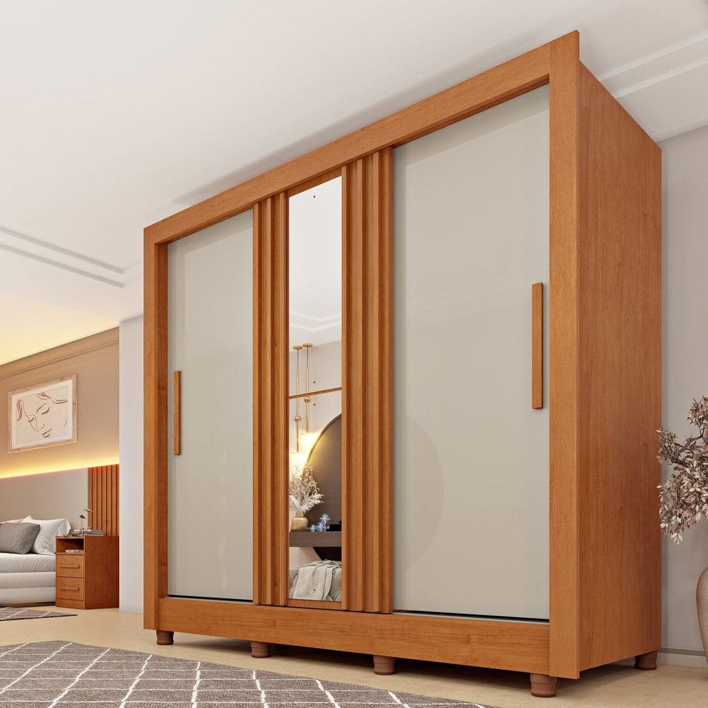 Guarda Roupa Casal 3 Portas Taiffa Ripado 190cm com Espelho e Pés Espresso Móveis Cinamomo / Off White