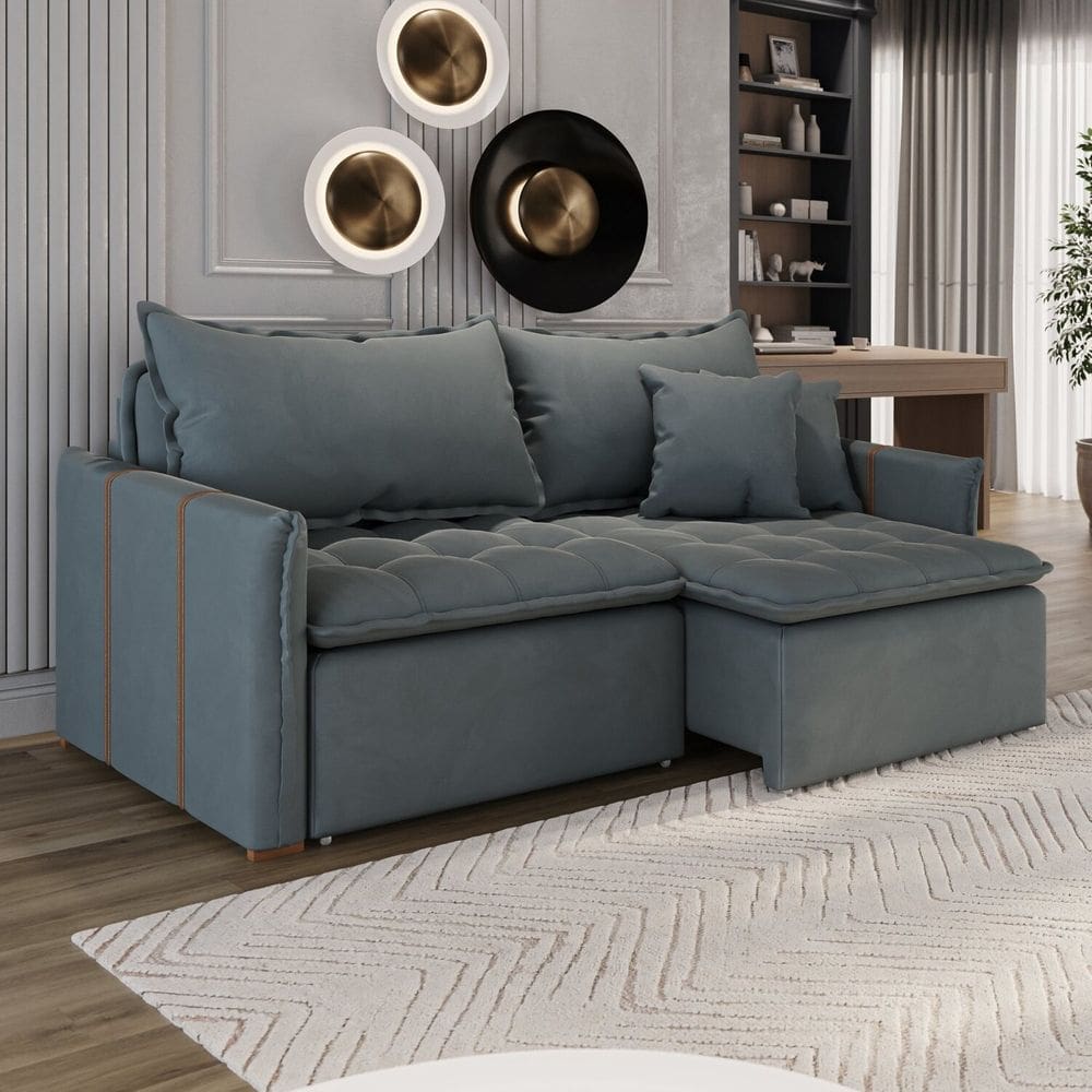 Sofá Cama em Madeira Eucalipto e Veludo 200cm Creta Cinza