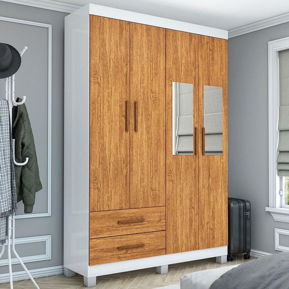 Guarda-Roupa Solteiro Genova 4 Portas 2 Gavetas com Espelho 22113 Branco/Cinamomo - Carioca Móveies