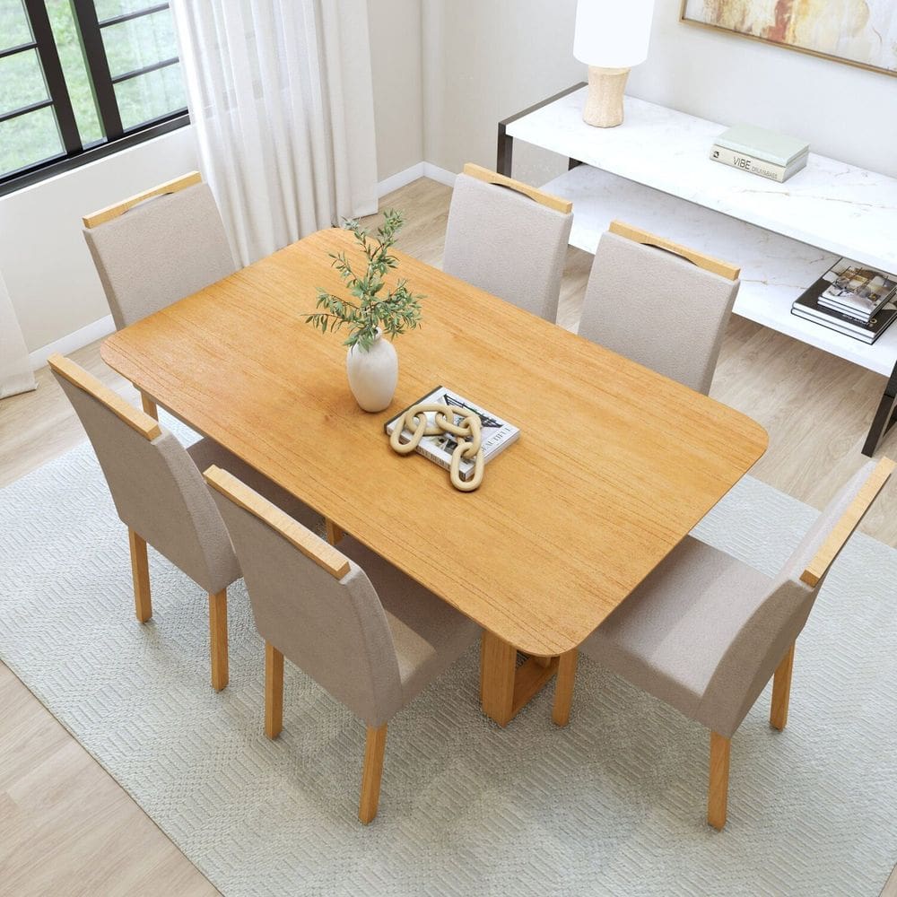 Conjunto Sala Jantar Mesa Bold 170cm Tampo no Glass e 6 Cadeiras Pés Madeira Maciça Lunen Amêndoa Clean/Naturale Creme