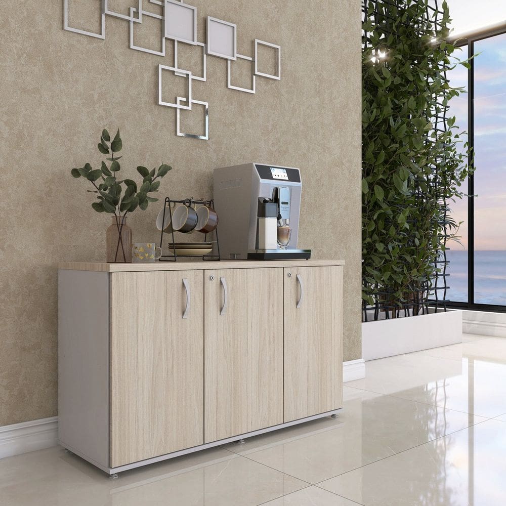 Armário para Escritório 3 Portas Pivotante Credenza Cinza/Castanheira Natural