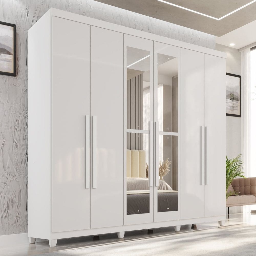 Guarda-roupa Casal com Espelho 6 Portas 2 Gavetas com Pés 100% Mdf Nápoles Yescasa Branco Neve