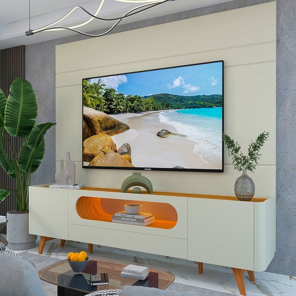 Rack com Painel para Tv 84 Polegadas com Led 1 Gaveta 2 Portas 217cm 100% Mdf Luminare/nobre Off White/Naturale