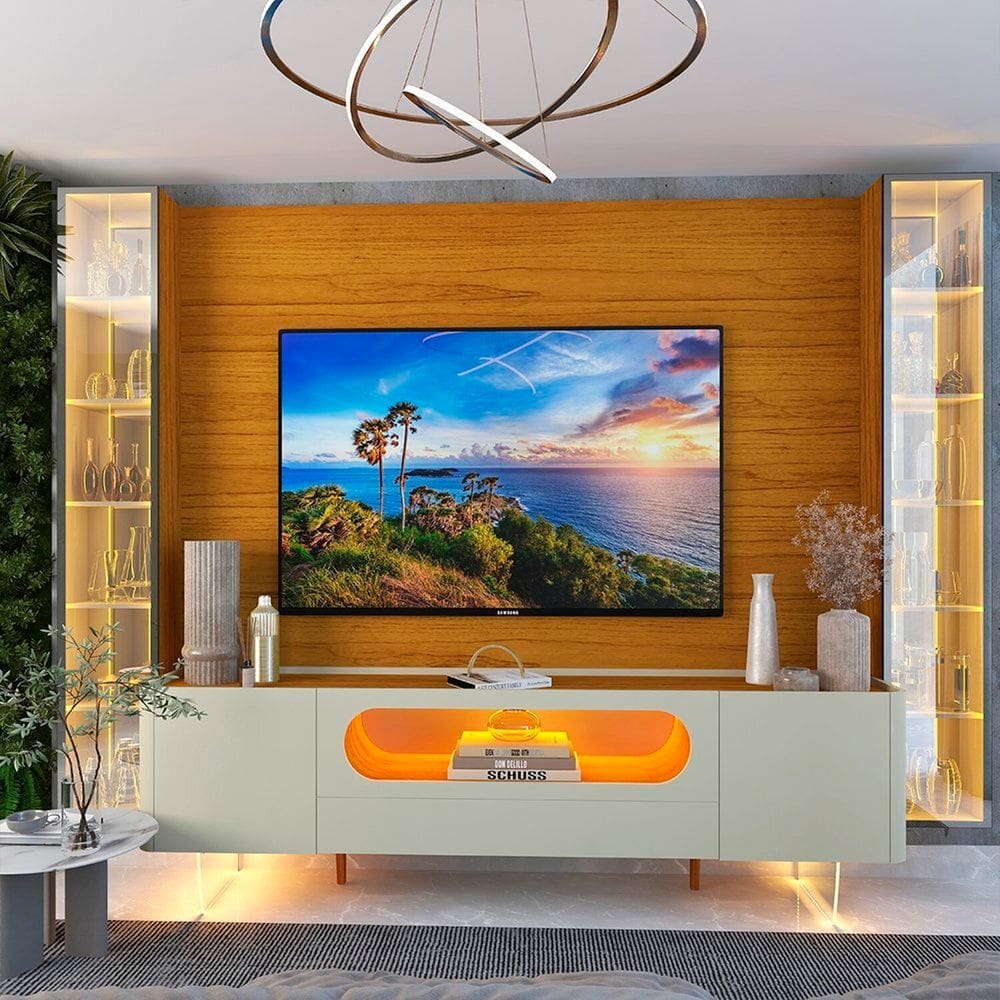 Rack com Painel para Tv 84 Polegadas com Led 1 Gaveta 4 Portas Vidro 293cm 100% Mdf Luminare/nobre Naturale/Off White