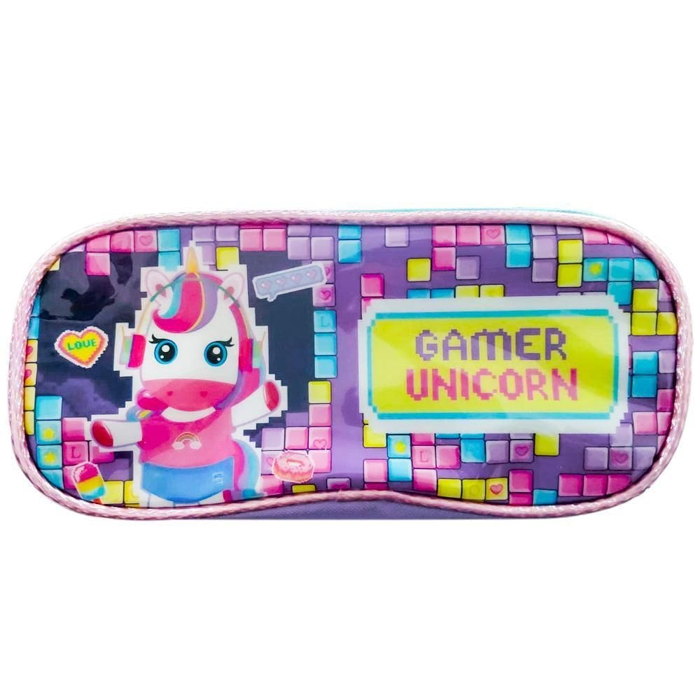Estojo Escolar 2 Compartimentos Unicórnio Gamer Meninas