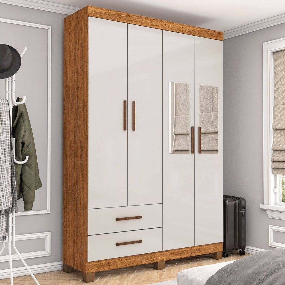 Guarda-Roupa Solteiro Genova 4 Portas 2 Gavetas com Espelho 22113 Cinamomo/Off White - Carioca Móveies