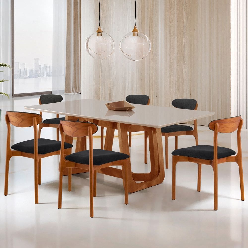 Conjunto Sala de Jantar Mesa Madeira Maciça Genova 6 Cadeiras Monaco Preto / Cinamomo Imbuia / Off White