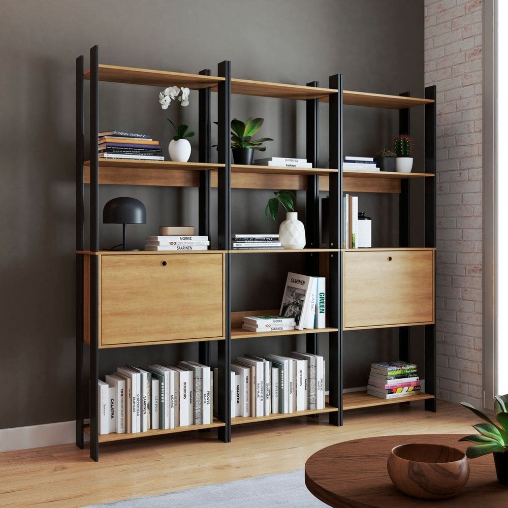 Conjunto 3 Estantes para Livros 11 Prateleiras e 2 Portas Lamina Mel/Preto