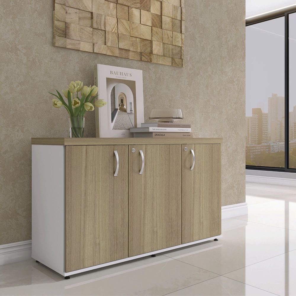 Armário 3 Portas Pivotante Credenza Branco/Noce Naturalle
