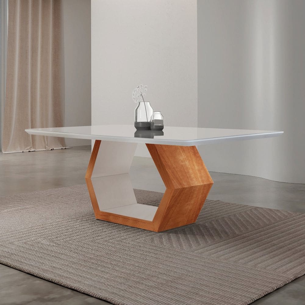 Mesa de Jantar 180cm X 80cm Tampo Madeira com Vidro Sarah Laqueado Off White/ Cinamomo Imbuia