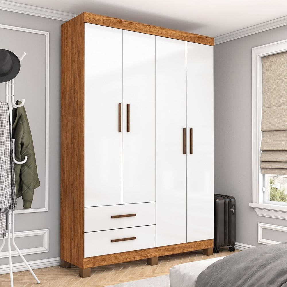 Guarda-roupa 4 Portas 2 Gavetas com Pés Genova Cinamomo/Branco