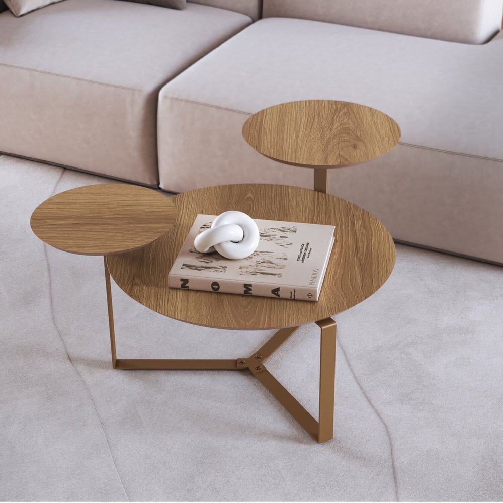 Mesa de Centro Três Tampos Chanfrado Orgânica Pé Metal Complementos Hanover/Dourado