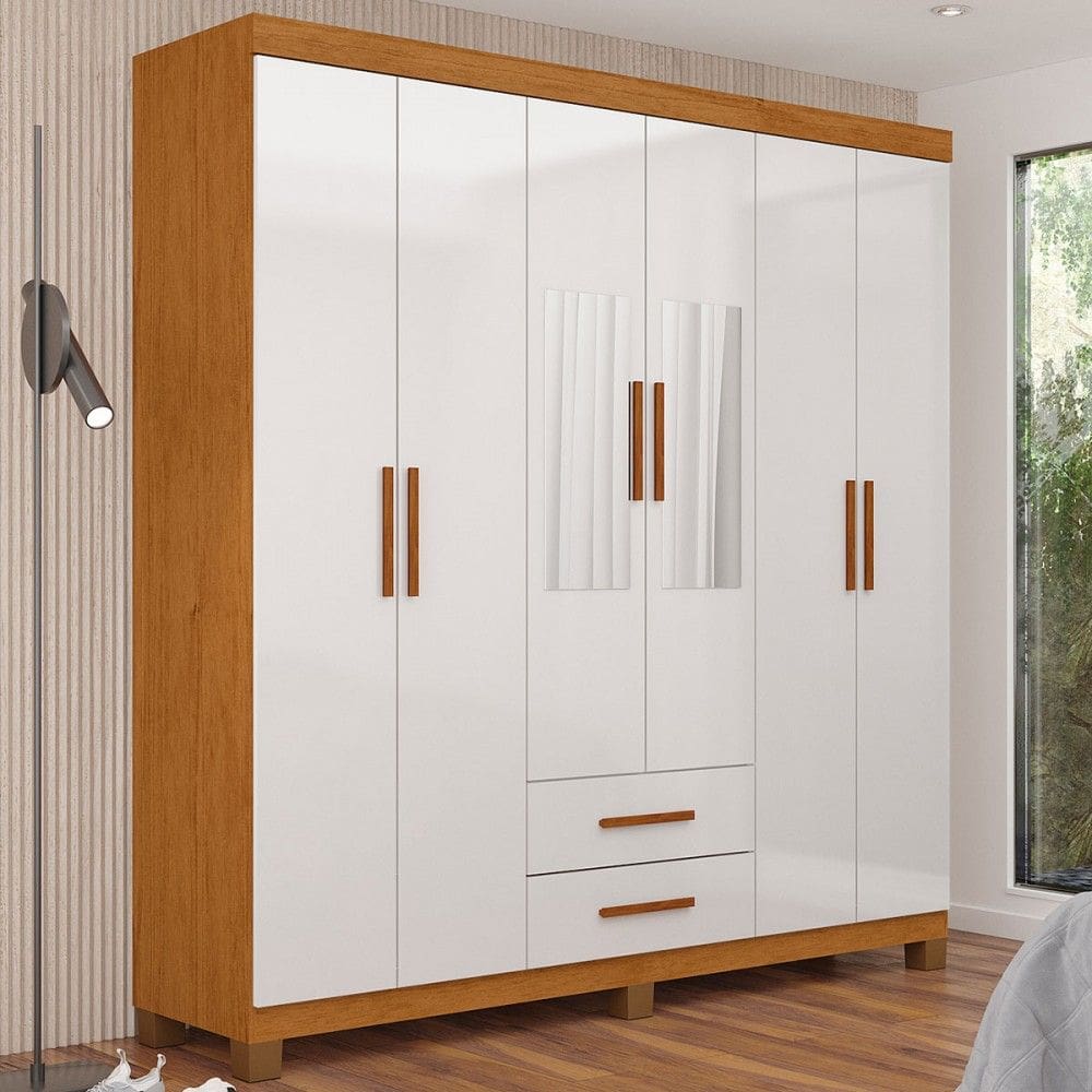 Guarda-Roupa Solteiro Aurora 6 Portas 2 Gavetas com Espelho 22117 Cinamomo/Branco - Carioca Móveis