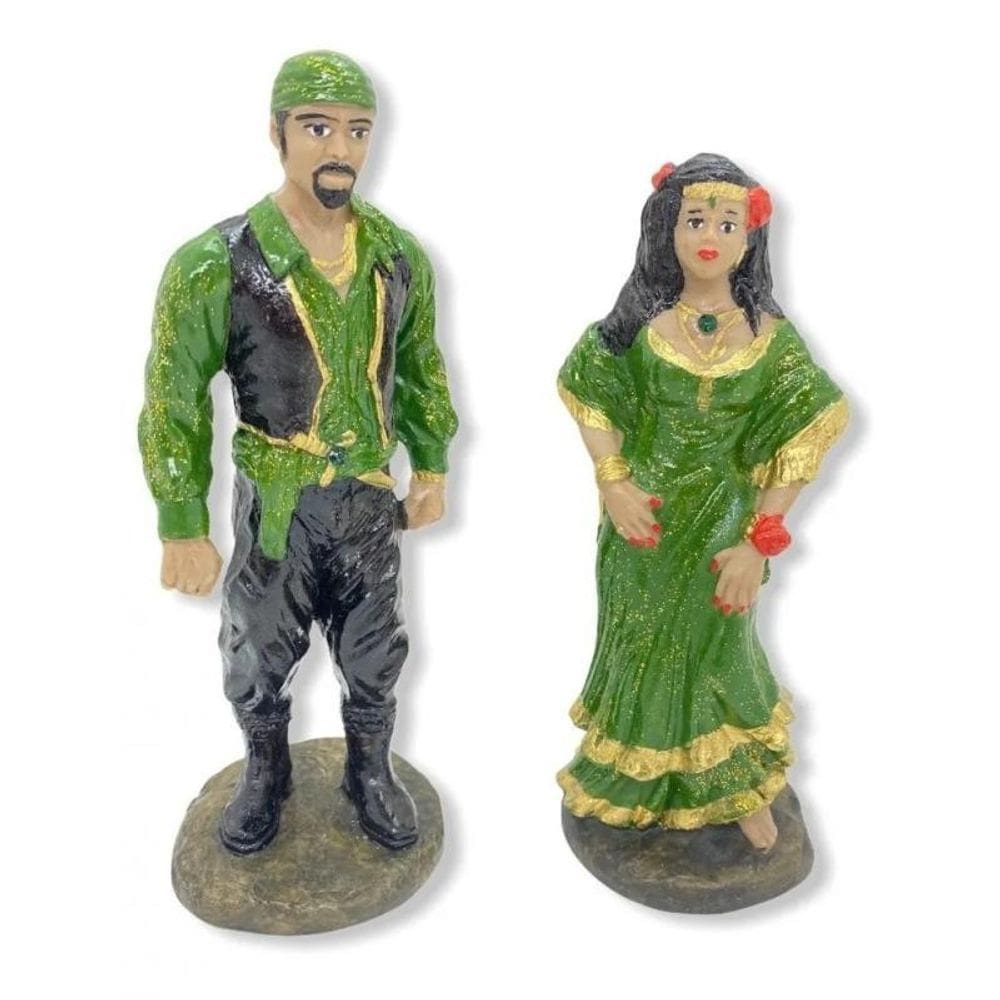 Escultura Umbanda Ciganos Casal Verde 15 Cm Em Resina