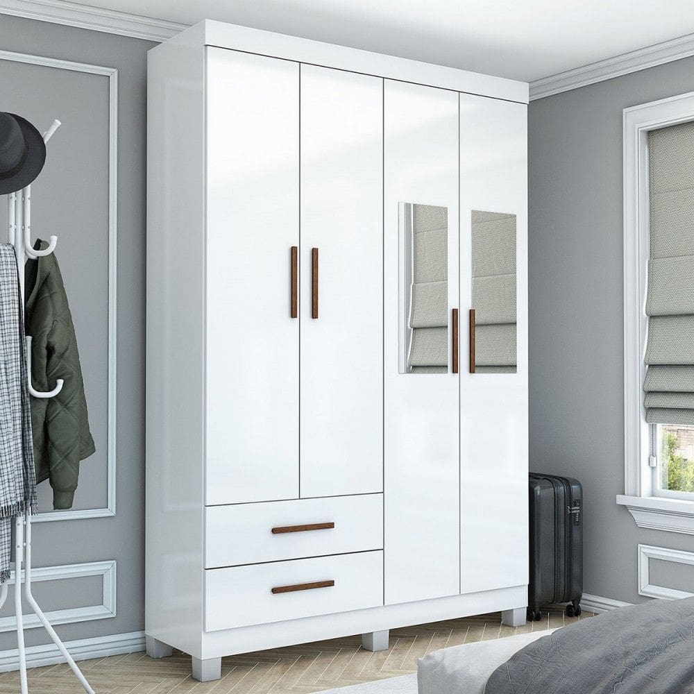 Guarda-Roupa Solteiro Genova 4 Portas 2 Gavetas com Espelho 22113 Branco - Carioca Móveies