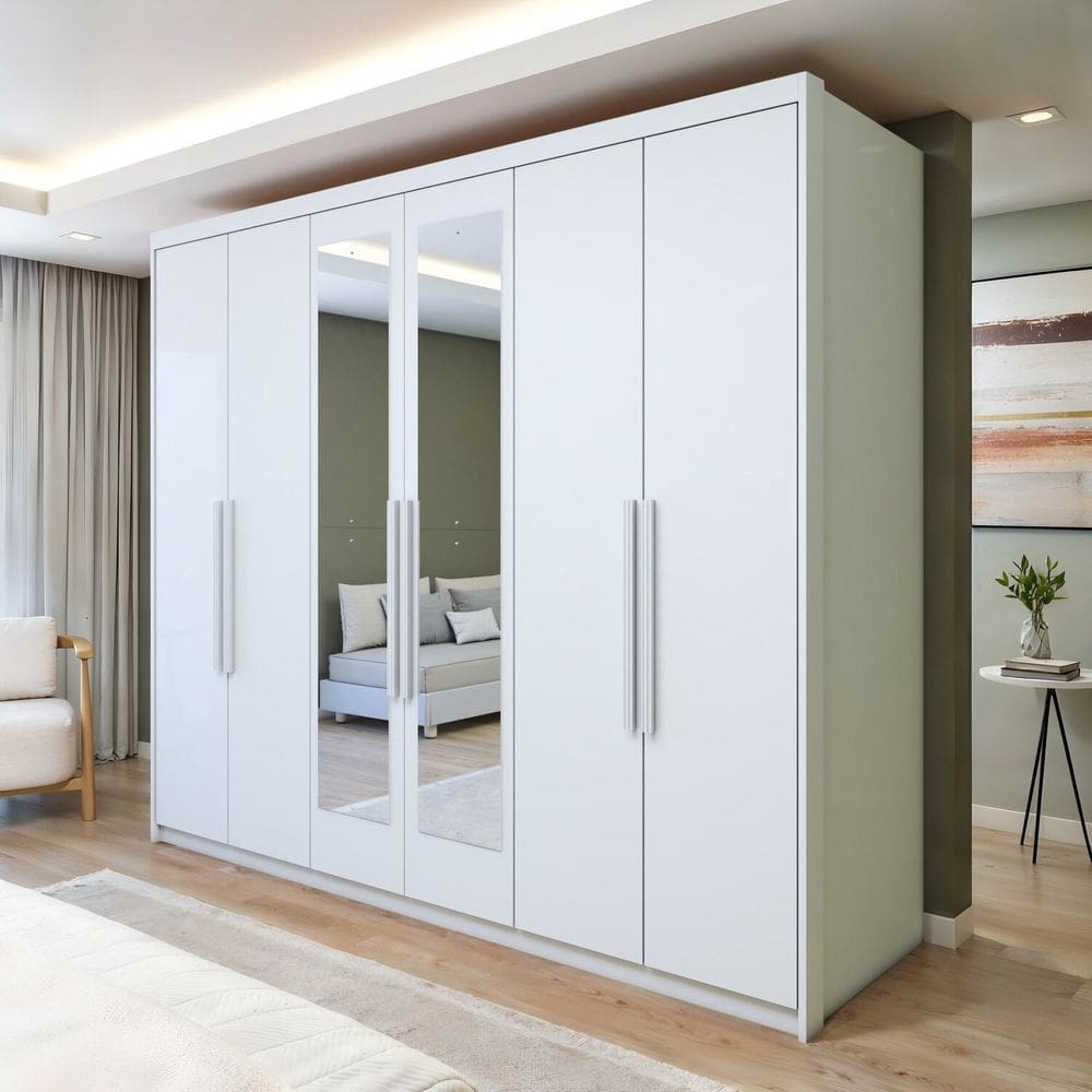 Guarda-roupa 6 Portas 5 Gavetas com Espelho Áries Branco