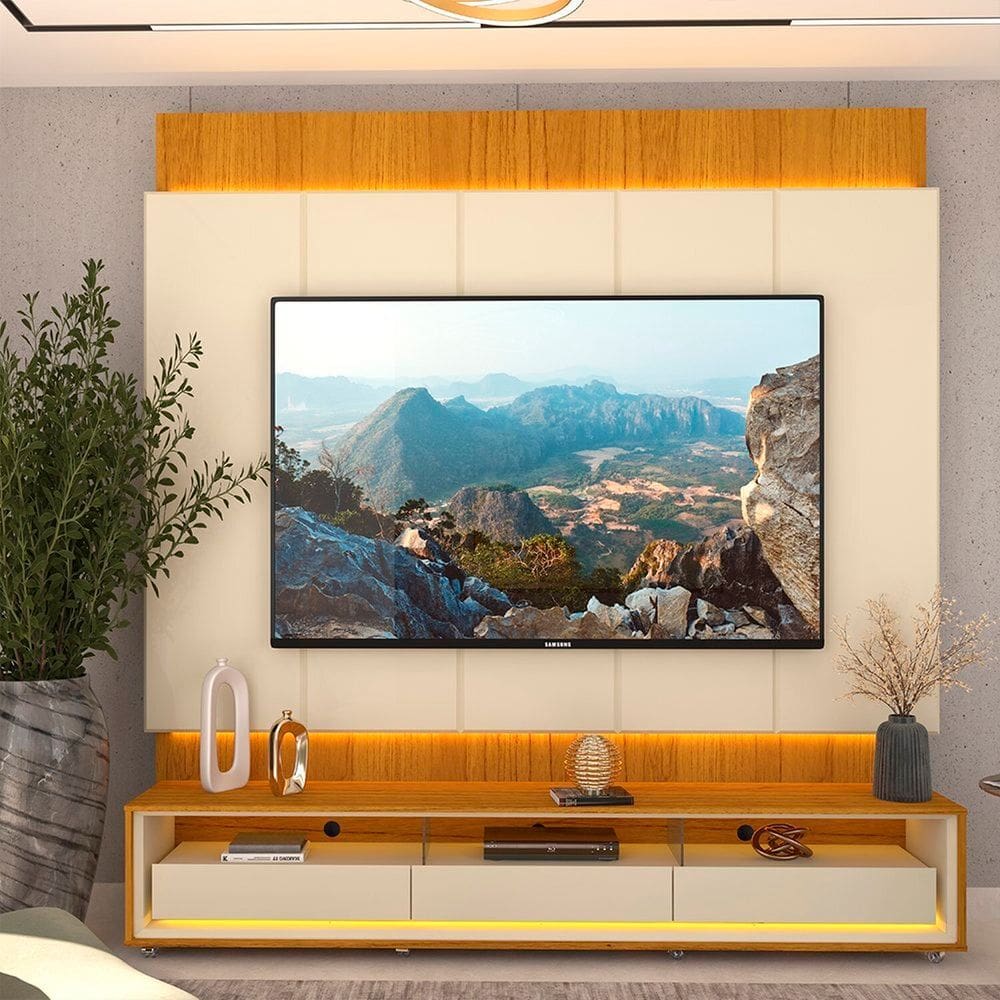 Rack com Painel para Tv 84 Polegadas com Led Pés em Madeira Maciça 218cm 100% Mdf Magnífico/nobre Naturale/Off White