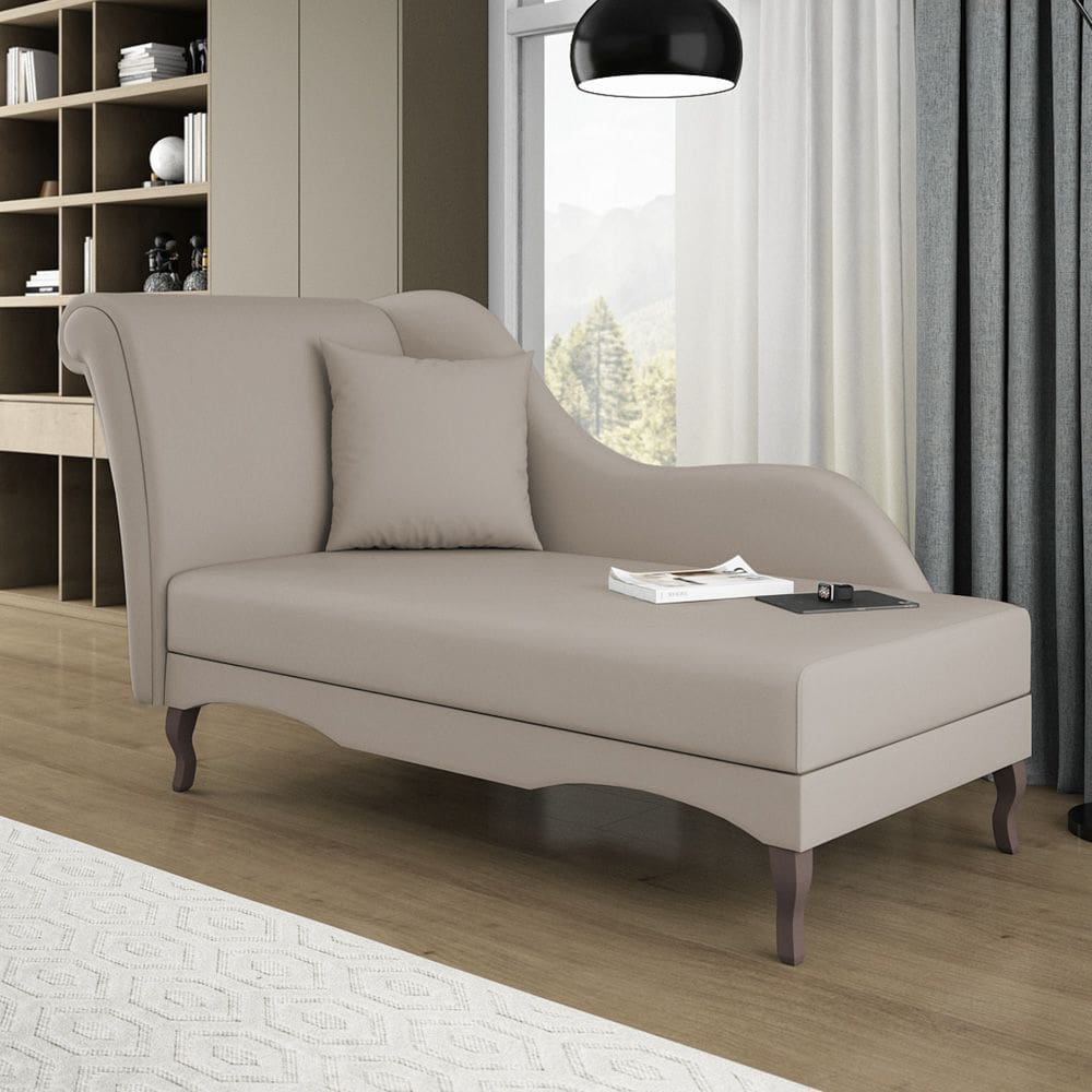 Divã Recamier Chaise Longue Valentina Clássico com Pés de Madeira Veludo Bege - Desk Design