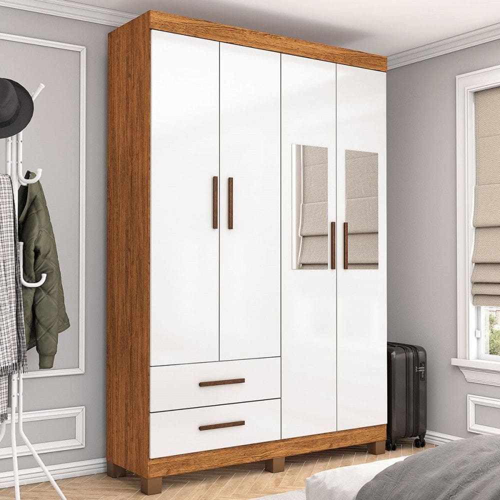 Guarda-Roupa Solteiro Genova 4 Portas 2 Gavetas com Espelho 22113 Cinamomo/Branco - Carioca Móveies