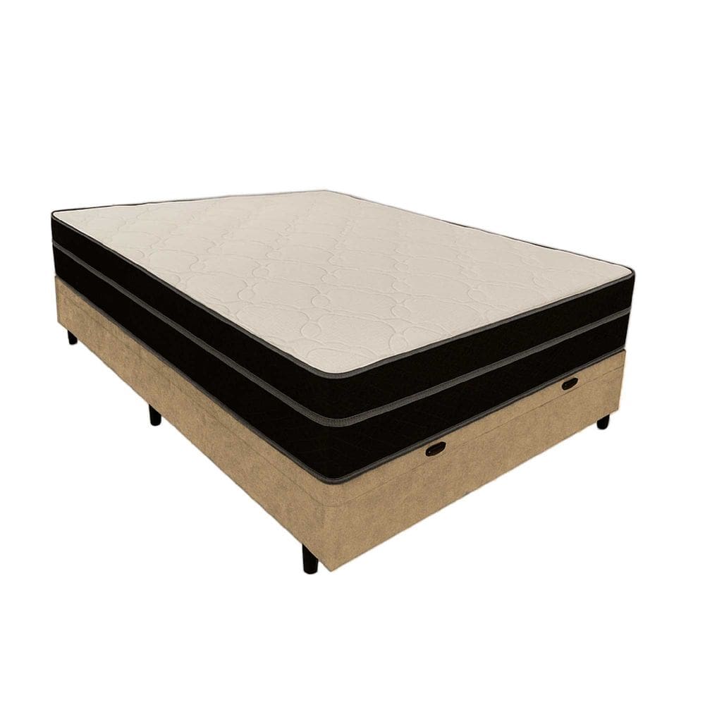 Cama Box Baú Casal 138 Suede Bege com Colchão Paris Molas Ensacadas Preto 56x138x188