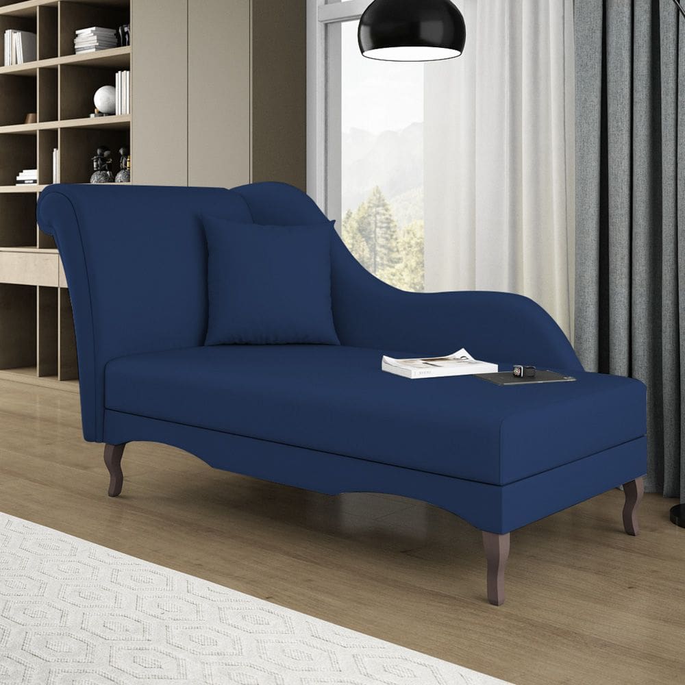 Divã Recamier Chaise Longue Valentina Clássico com Pés de Madeira Veludo Azul Marinho - Desk Design
