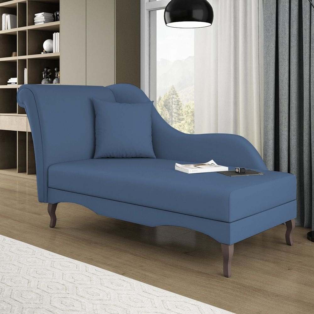 Divã Recamier Chaise Longue Valentina Clássico com Pés de Madeira Linho Azul Denim - Desk Design