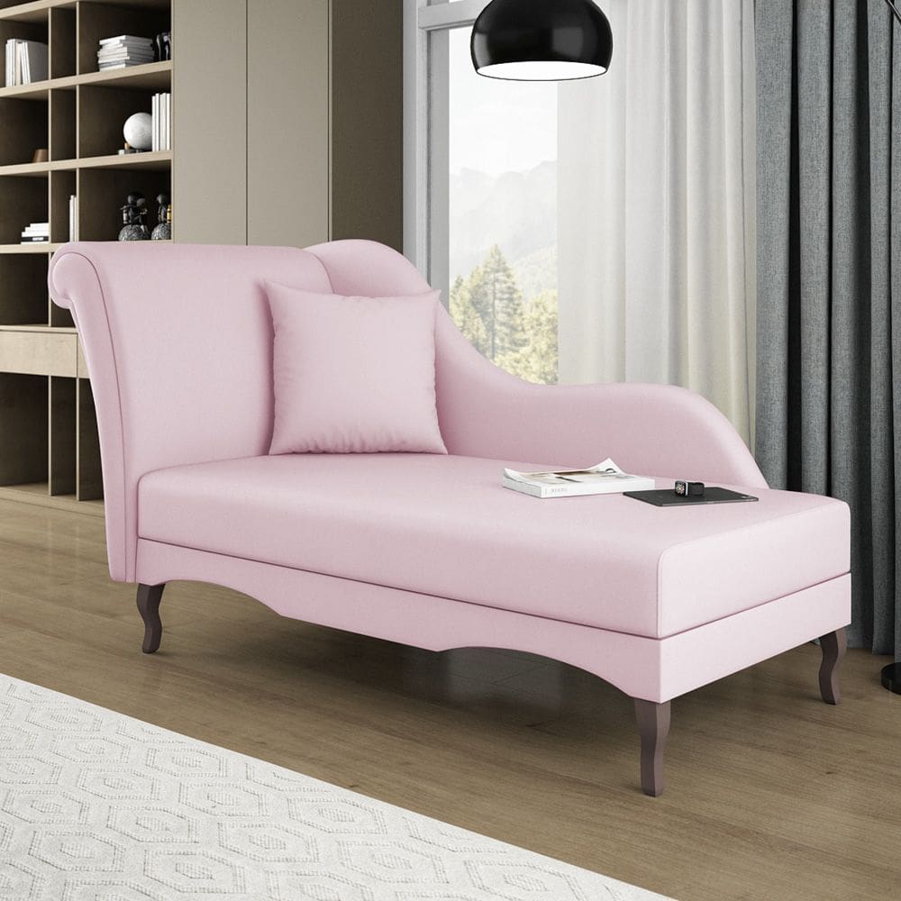 Divã Recamier Chaise Longue Valentina Clássico com Pés de Madeira Bouclê Rosê - Desk Design