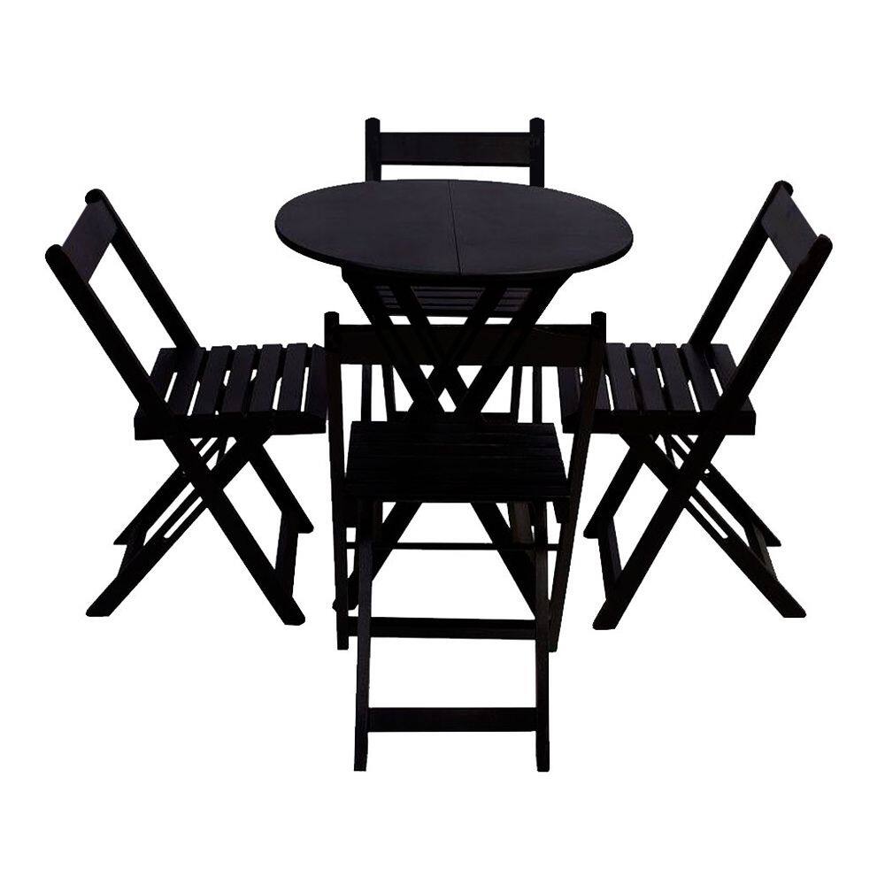 Conjunto Premium de Mesa Dobrável de Madeira 70cm Redondo com 4 Cadeiras Preto