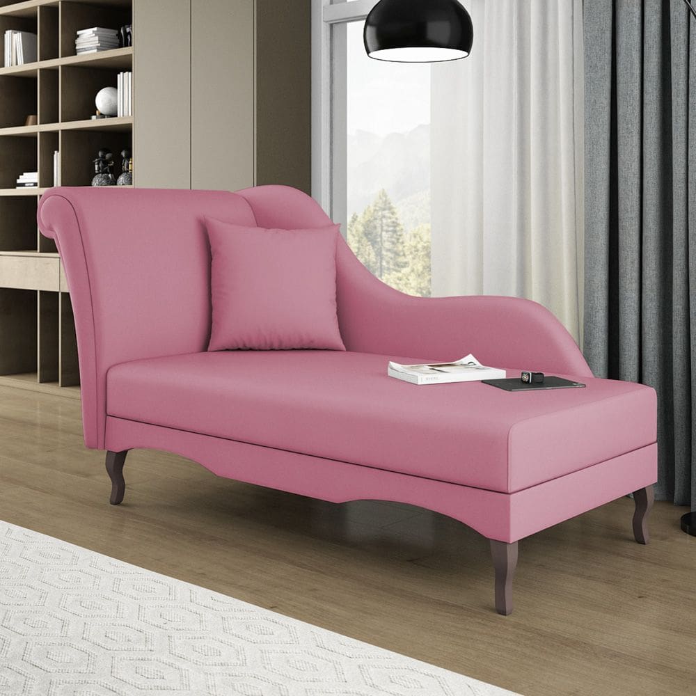 Divã Recamier Chaise Longue Valentina Clássico com Pés de Madeira Suede Rosa - Desk Design