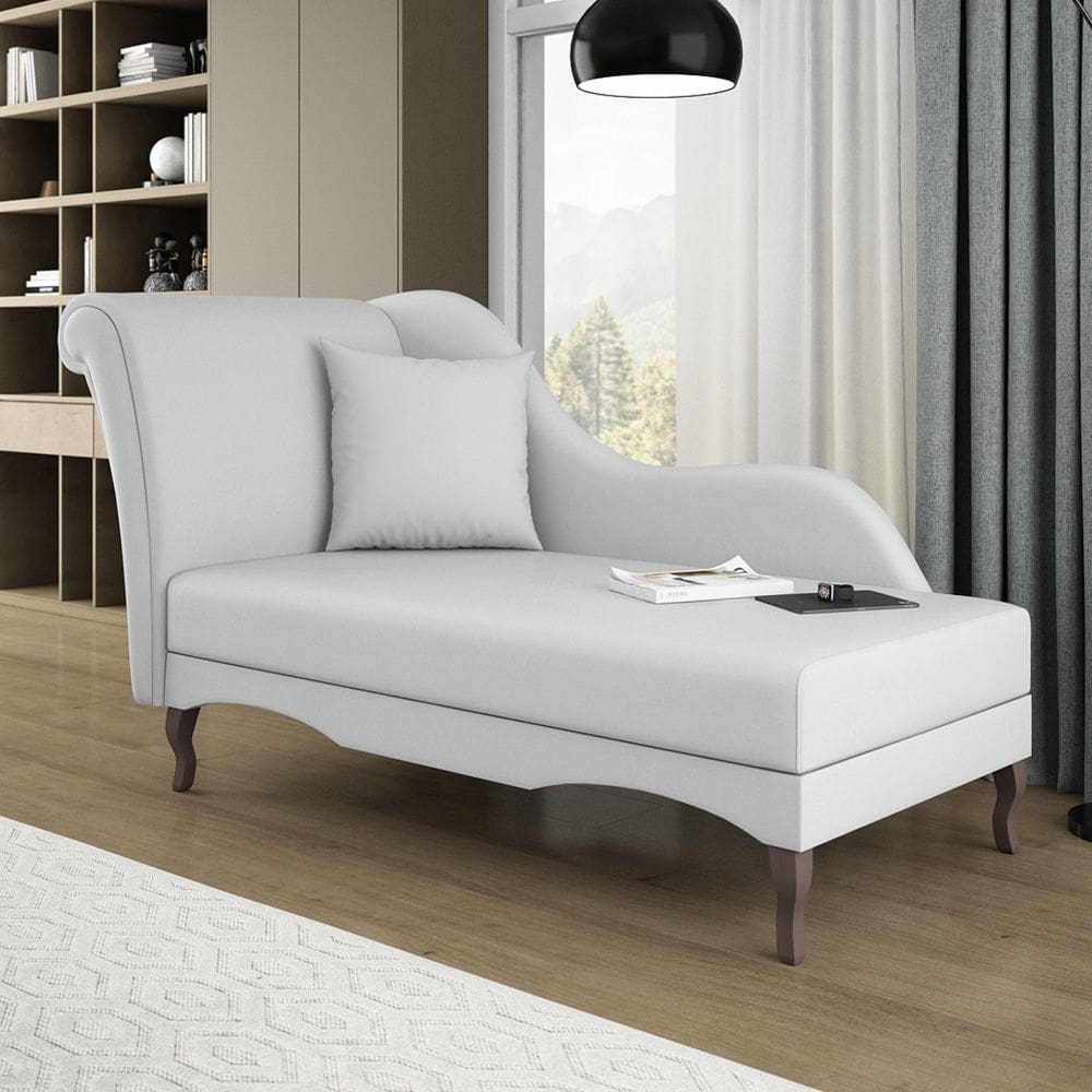 Divã Recamier Chaise Longue Valentina Clássico com Pés de Madeira Bouclê Cinza Claro - Desk Design