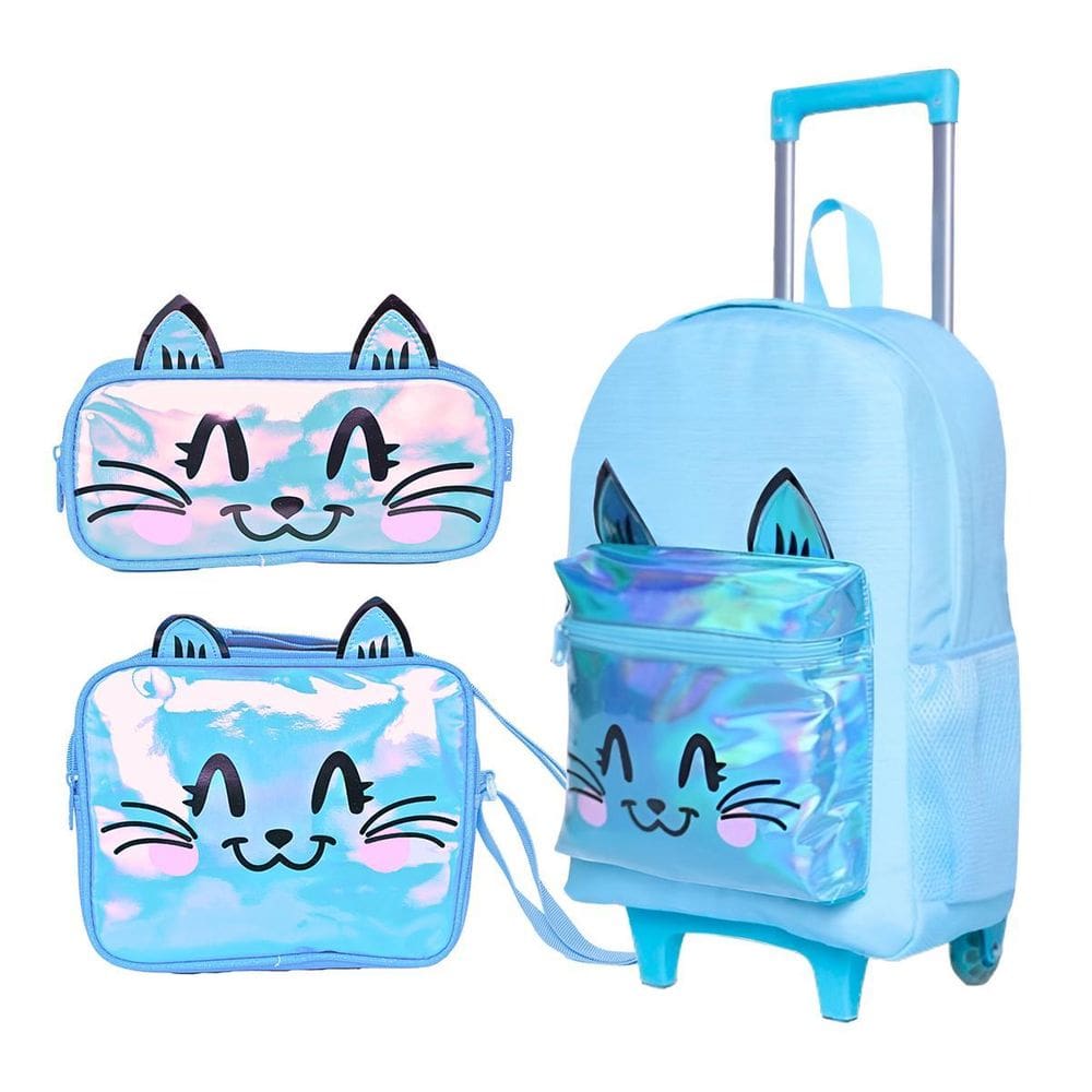 Kit Mochila De Rodinha Menina Estojo Lancheira Gatinho- Azul