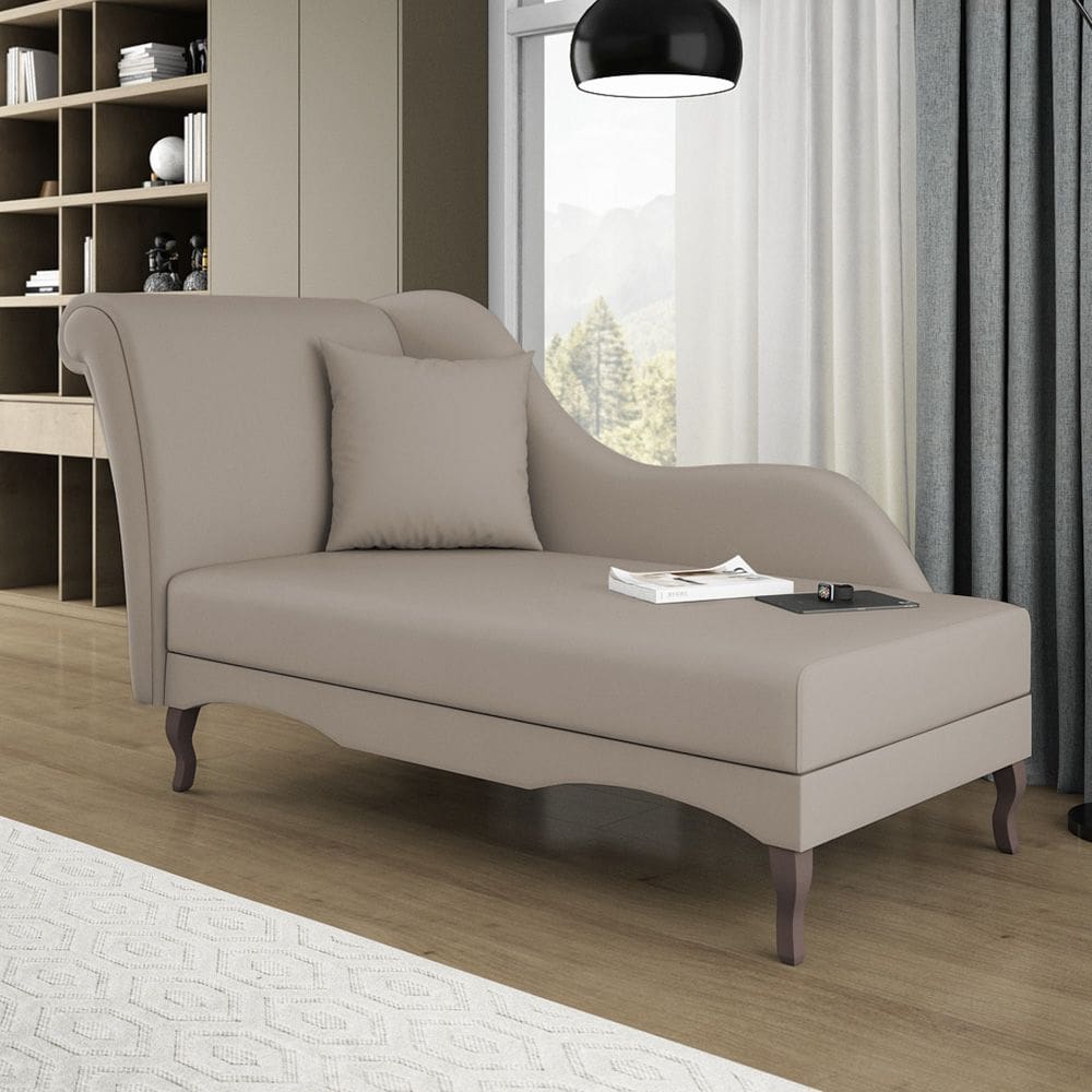 Divã Recamier Chaise Longue Valentina Clássico com Pés de Madeira Suede Bege - Desk Design