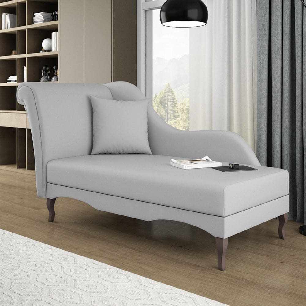 Divã Recamier Chaise Longue Valentina Clássico com Pés de Madeira Veludo Cinza Claro - Desk Design