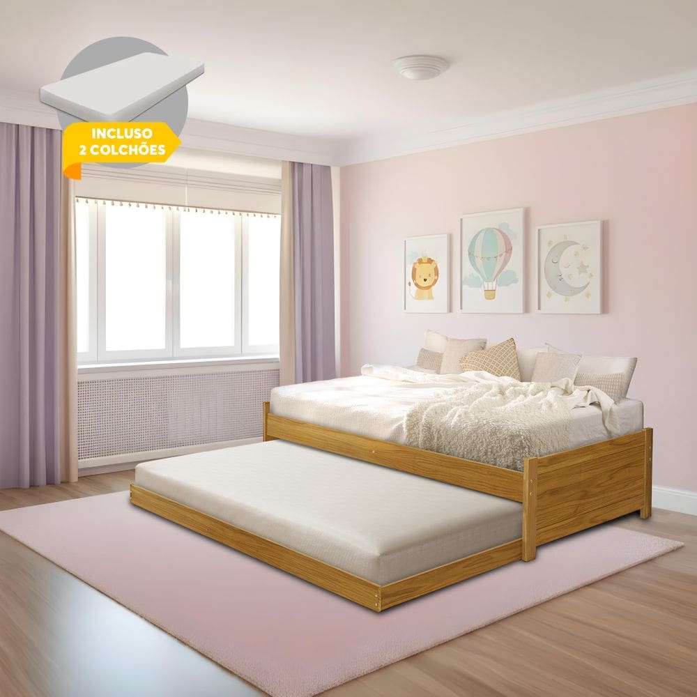 Cama Solteiro com Auxiliar Bibox Bicama Infantil Gabrieli com 2 Colchões Inclusos Imbuia