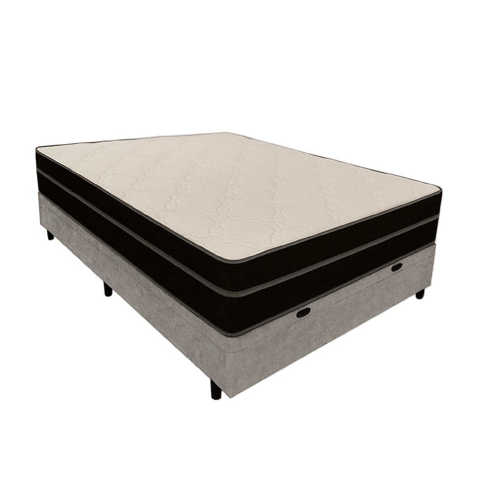 Cama Box Baú Casal 138 Suede Cinza com Colchão Paris Molas Ensacadas Preto 56x138x188
