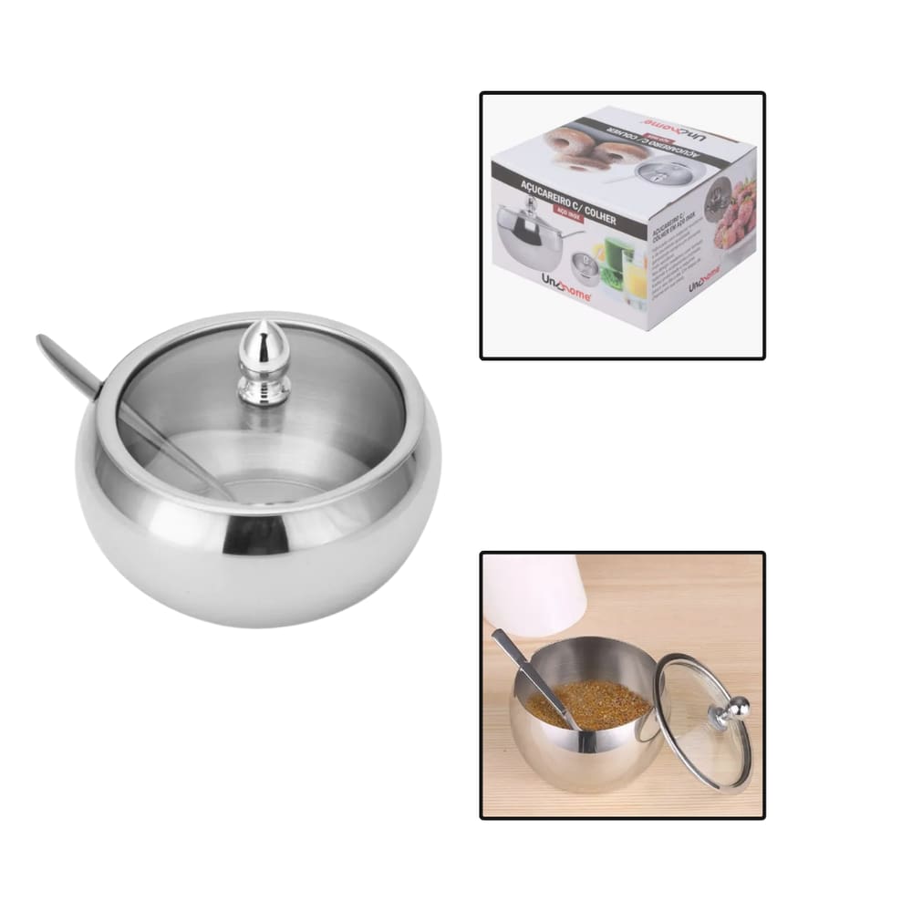 Acucareiro Inox C/ Colher e Tampa de Vidro 360ml