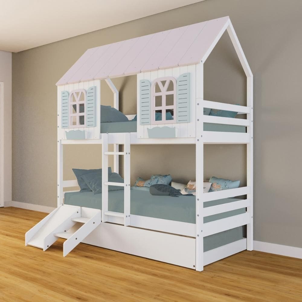 Treliche Casinha Bela Kit Escada/Escorregador - Madeira Maciça Branco/Rosa/Verde | Housin