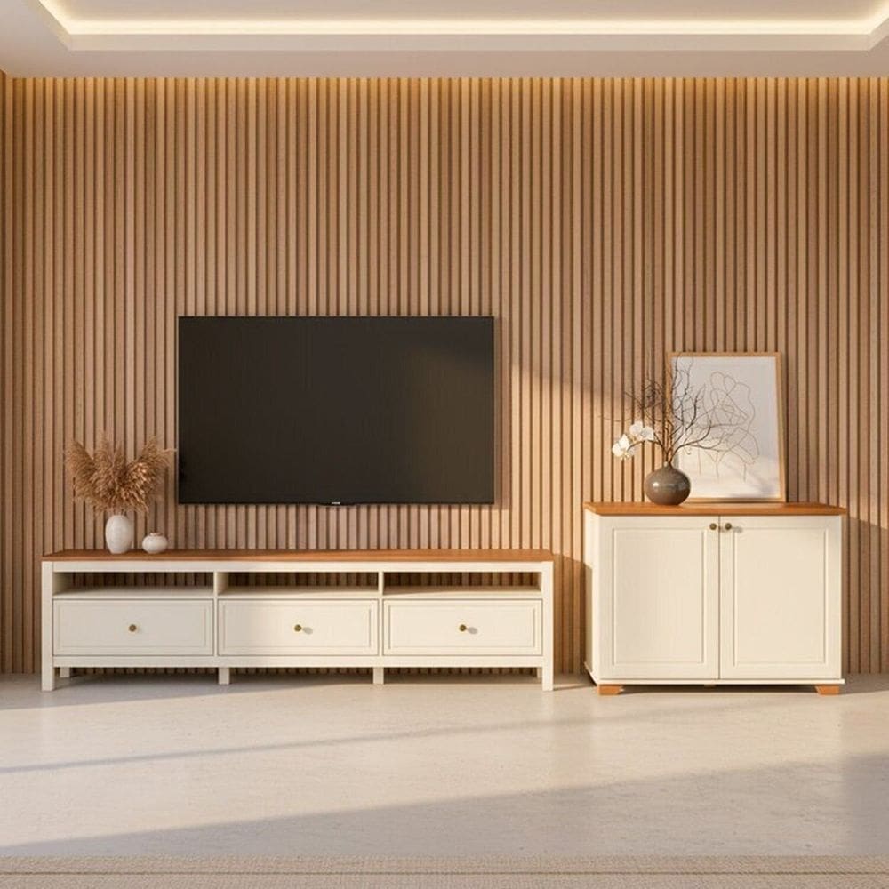 Conjunto de Sala 2 Peças com 1 Rack 2,10 e 1 Armário 2 Portas Ananda Cabecasa Madeiramadeira Off White/Mel