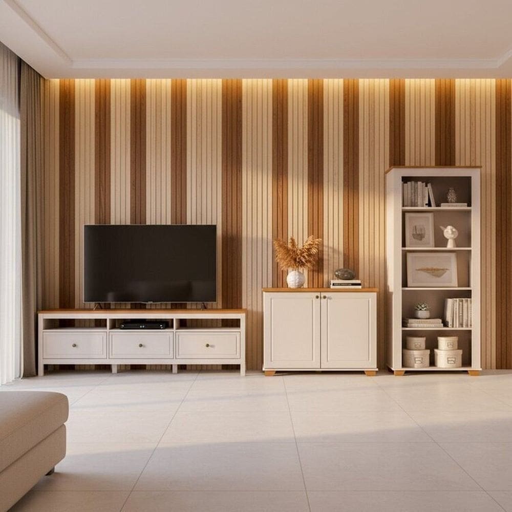 Conjunto de Sala 3 Peças 1 Rack, 1 Estante,1 Armário Madeira Maciça Ananda Cabecasa Madeiramadeira Off White/Mel