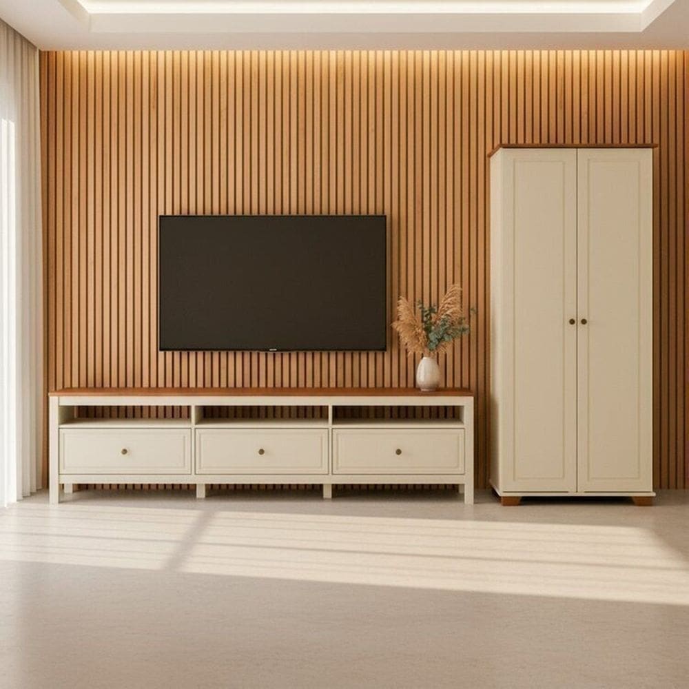 Conjunto 2 Peças 1 Rack 210cm, 1 Armário 2 Portas Madeira Maciça Ananda Cabecasa Madeiramadeira Off White/Mel