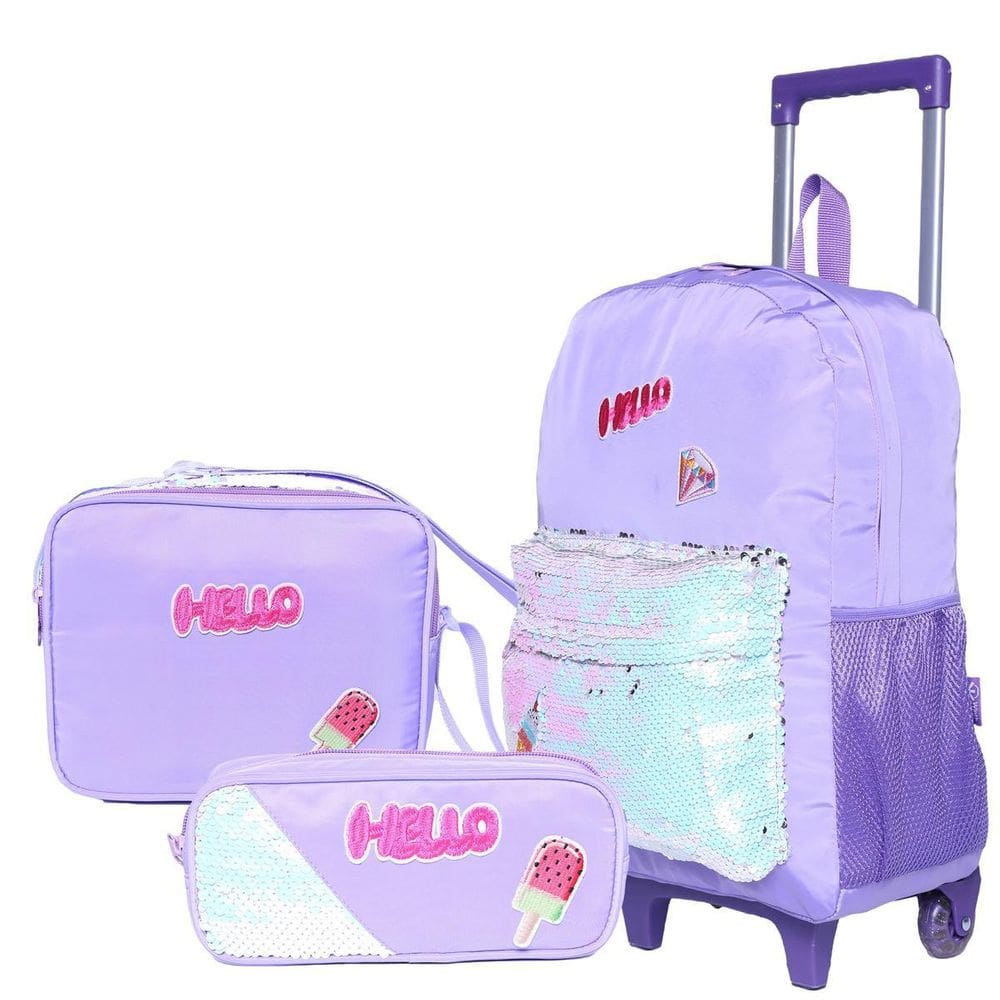 Kit Mochila De Rodinha Estojo Lancheira Impermeável - Lilás