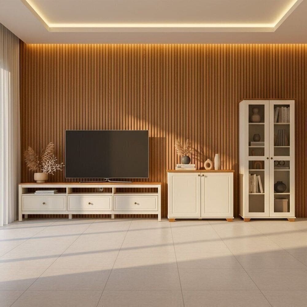 Conjunto de Sala 3 Peças Rack, Cristaleira e Armário Madeira Maciça Ananda Cabecasa Madeiramadeira Off White/Mel