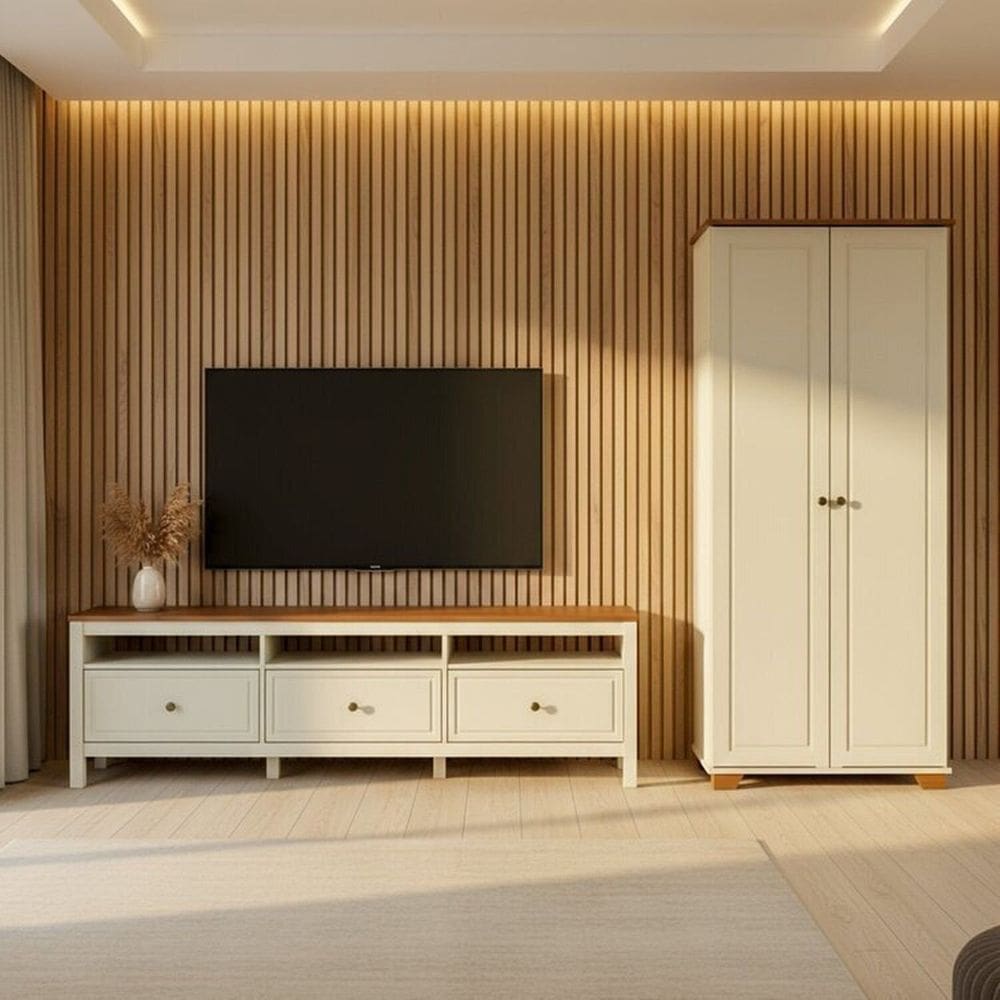 Conjunto 2 Peças com 1 Rack e 1 Armário Madeira Maciça Ananda Cabecasa Madeiramadeira Off White/Mel