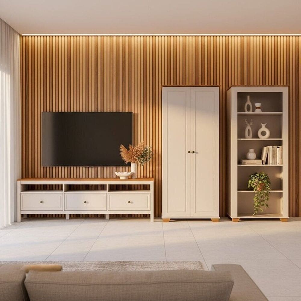 Conjunto de Sala 3 Peças Rack, Estante e Armário Madeira Maciça Ananda Cabecasa Madeiramadeira Off White/Mel