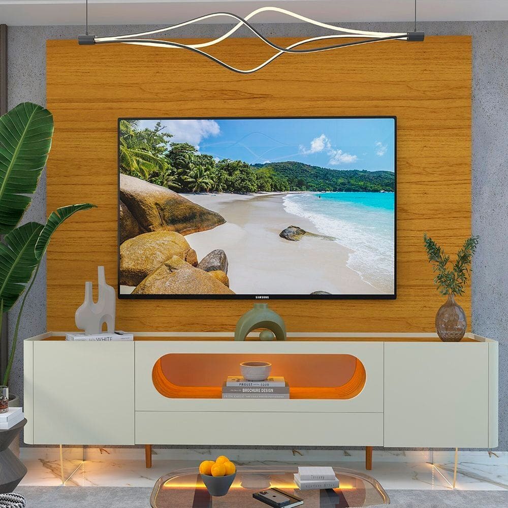 Rack com Painel para Tv 84 Polegadas com Led 1 Gaveta 2 Portas 217cm 100% Mdf Luminare/nobre Naturale/Off White