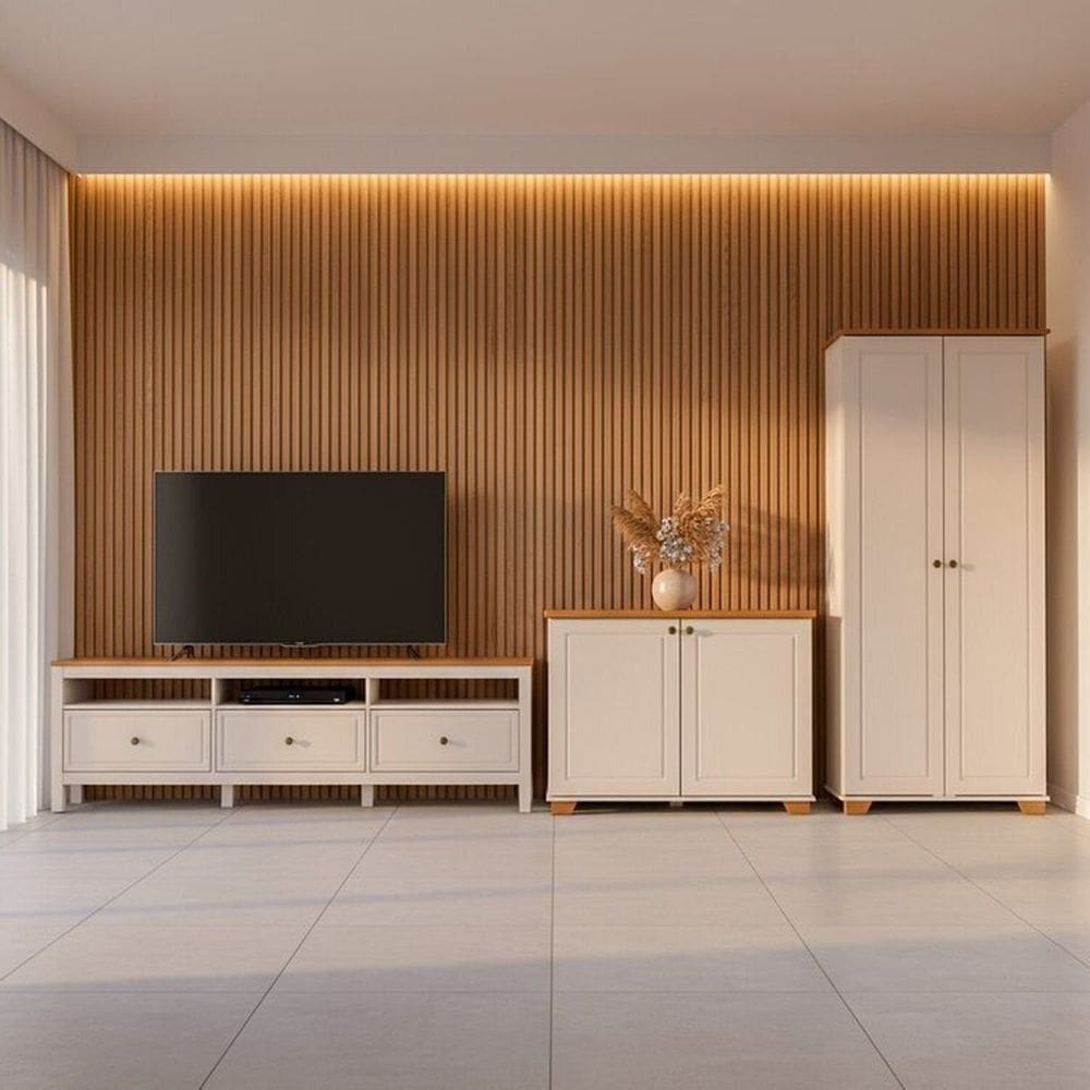 Conjunto de Sala 3 Peças 1 Rack, 1 Estante e 1 Armário Madeira Maciça Ananda Cabecasa Madeiramadeira Off White/Mel