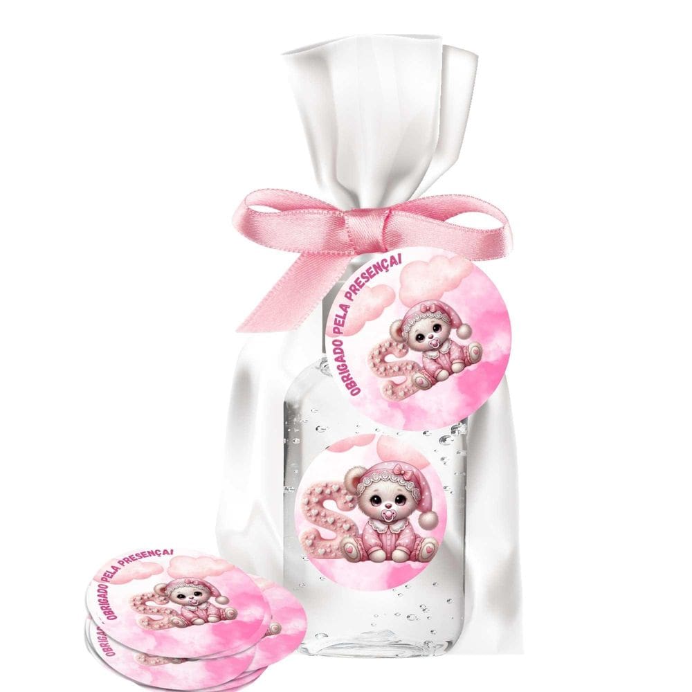 Kit 25 Lembrancinhas Alcool Gel Ursinha Rosa Letra S
