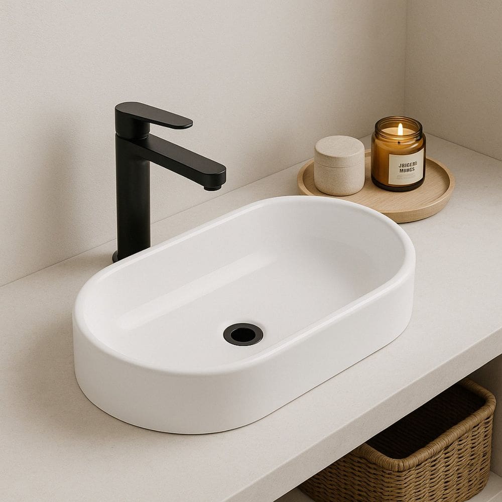 Cuba Pia de Apoio Sobrepor Banheiro Lavabo Oval Marmore 42cm Lavatorio Cancún Branco